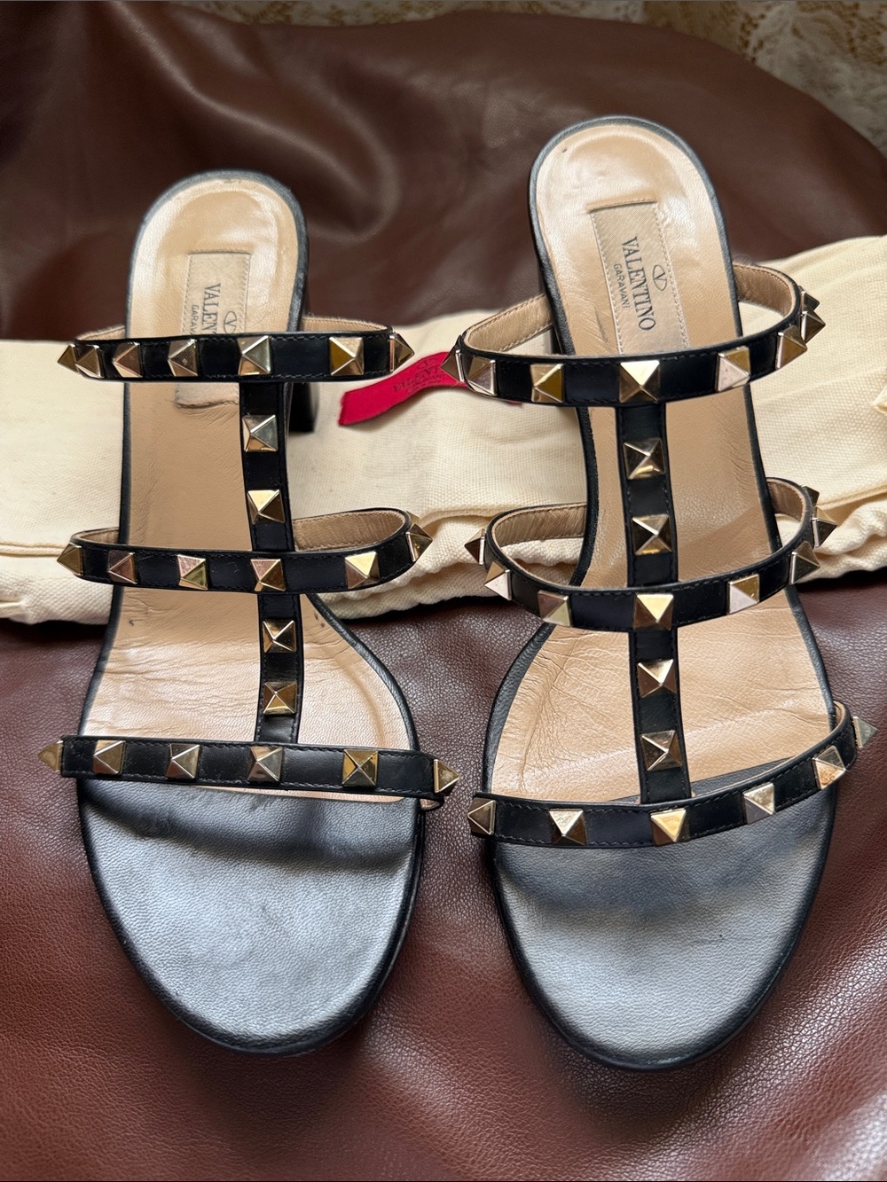Valentino Black Leather Studded T-Strap Heels